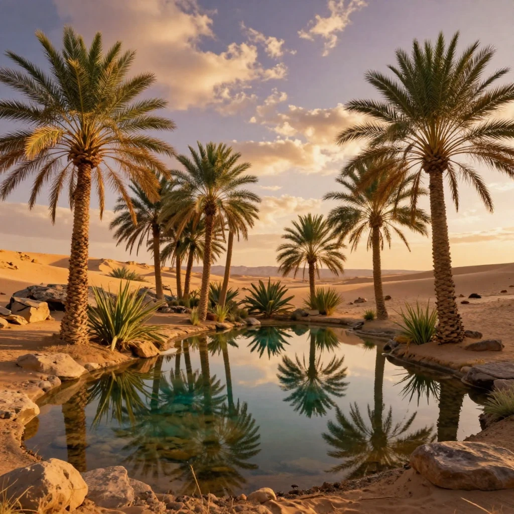 A desert oasis ringed by swaying palm trees, stretching endlessly beneath drifting autumn clouds