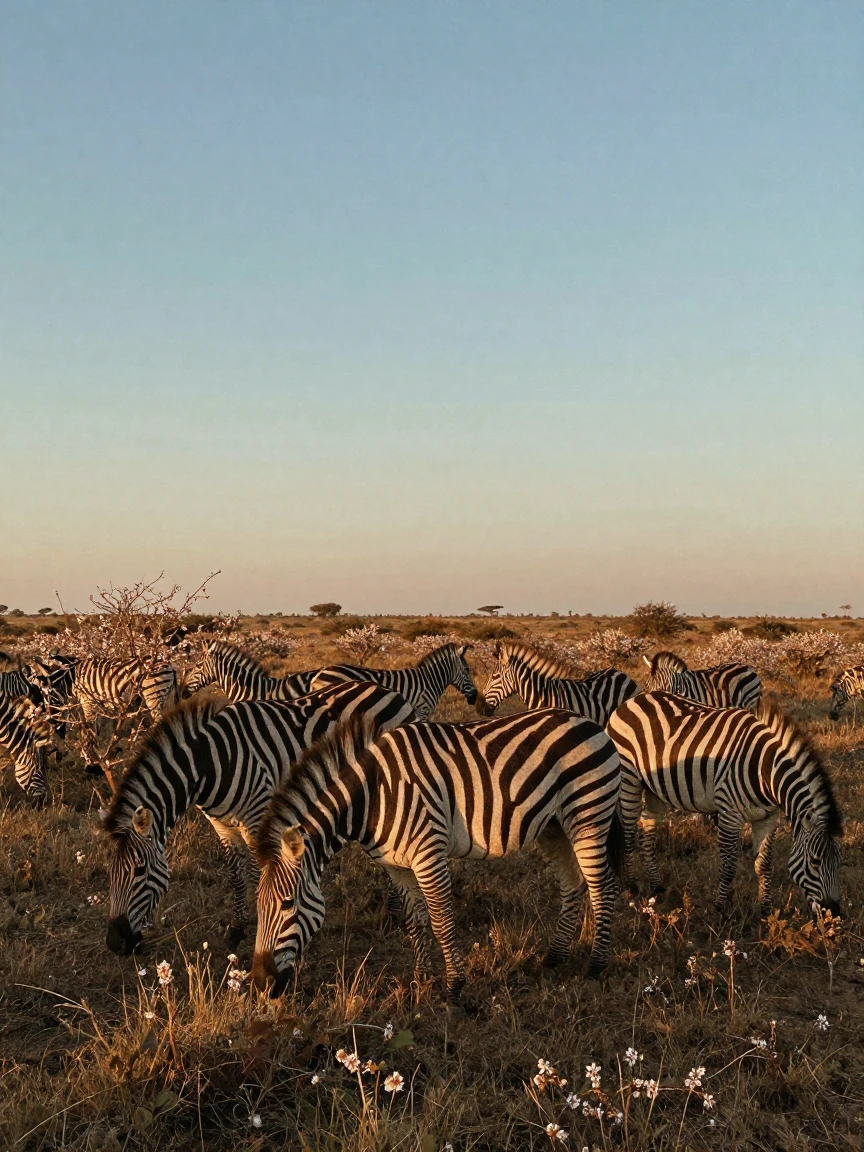 A zebra herd grazing beneath a wide African sky, in the last light of dusk, on a clear, cloudless day, as spring blossoms unfurl, with stark black-and-white contrast softened by a single warm hue, from behind, looking toward the horizon.