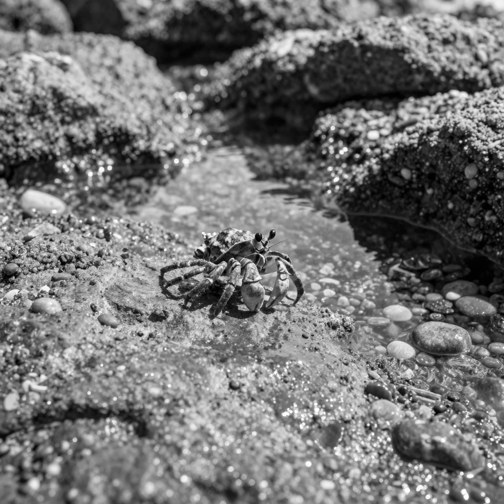 A hermit crab scuttles across a sunlit tide pool along a rocky shoreline.