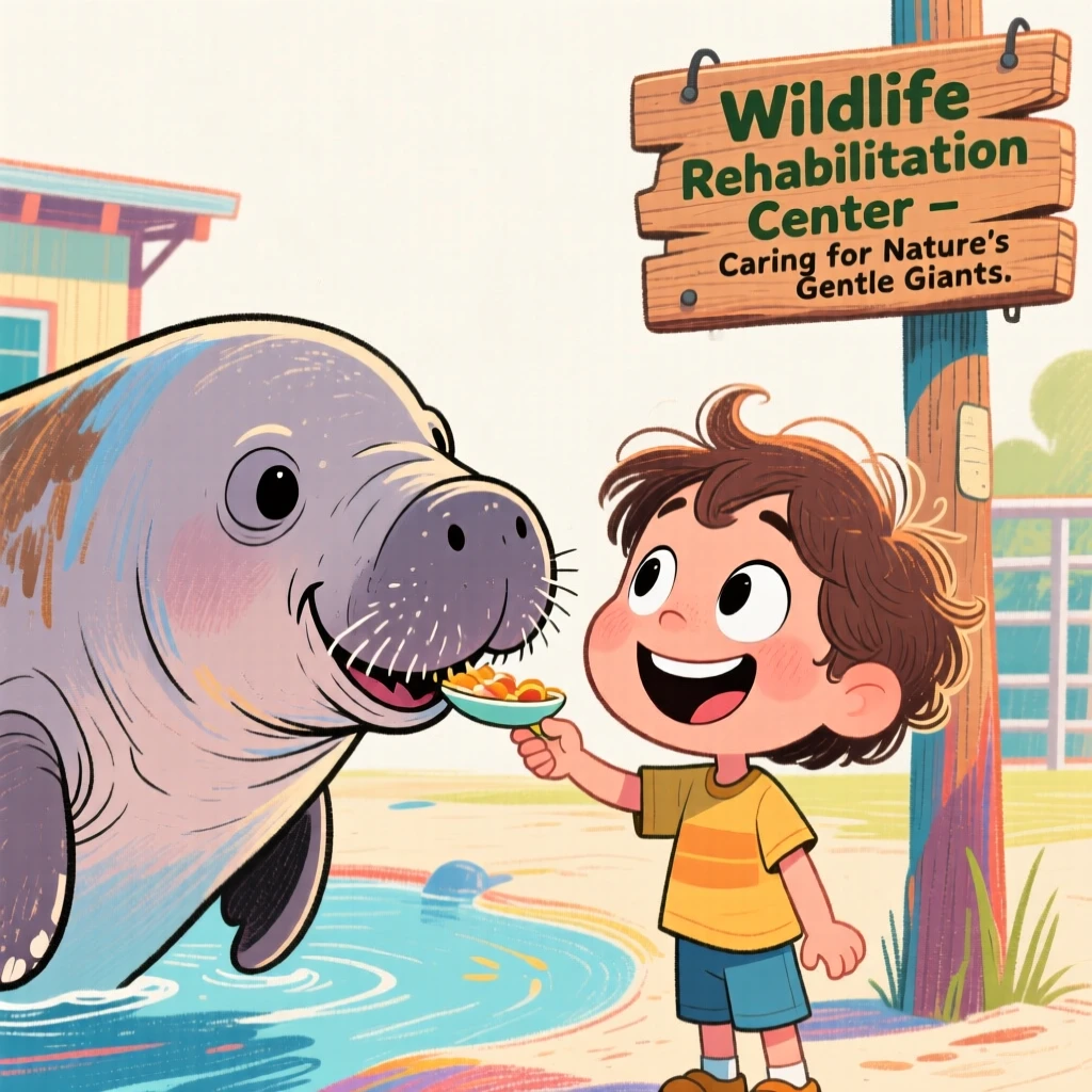 A child feeding a gentle manatee at a wildlife rehabilitation center.
