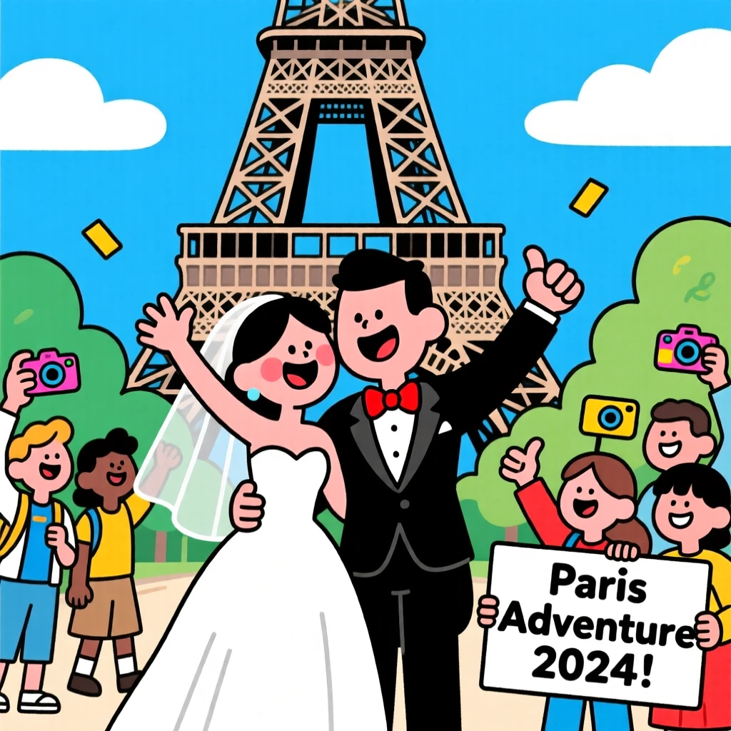 An iconic travel scene featuring a honeymooning couple posing joyfully in front of the Eiffel Tower, surrounded by cheerful fellow travelers.