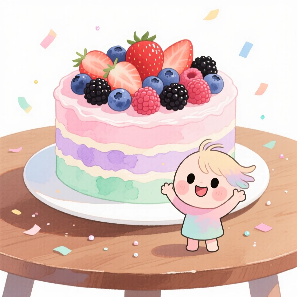 A cozy, appetizing, soft and dreamy scene of a birthday cake covered in fresh berries and pastel frosting