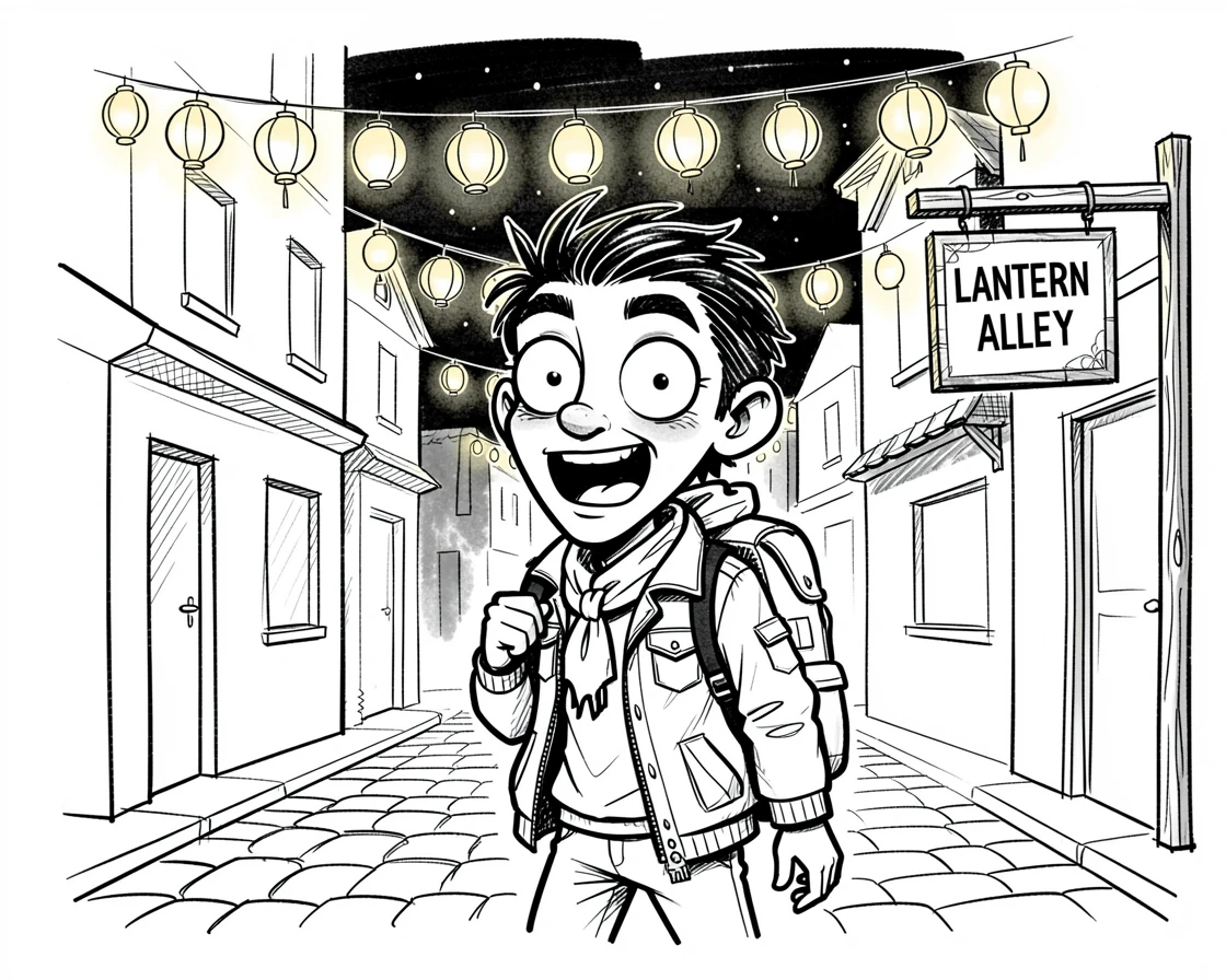[Travel & Cultural Experiences] Vivid travel scene of a curious road tripper wandering through a lantern-lit old town, full of wonder and adventure