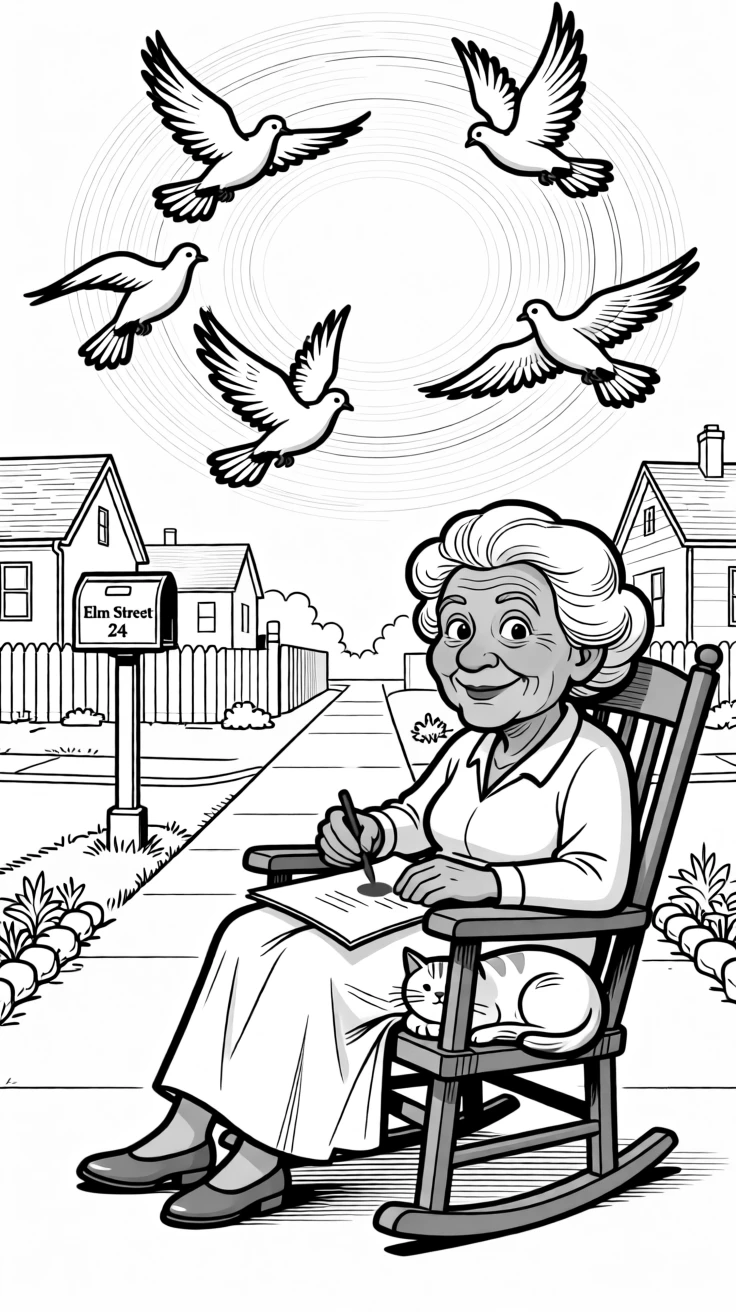 A grandmother rocking gently on a porch with a cat in her lap, circling red ink with theatrical seriousness, set along a quiet neighborhood sidewalk. Pigeons flutter in a happy, chaotic circle. It captures the quiet joy of passing traditions down.