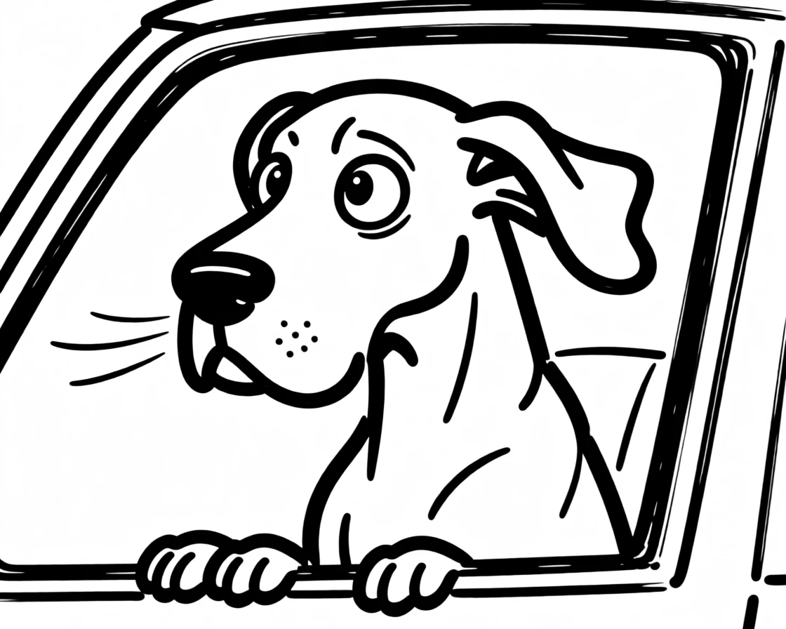 A great dane sitting attentively in a car window, ears flapping in the breeze.