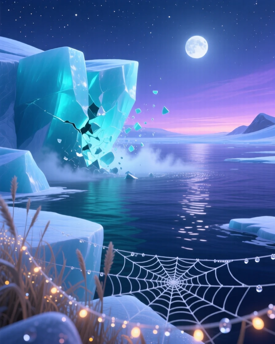 A glacier calving into the sea glows as the moon rises slowly above the horizon, with delicate spider webs beaded with dew. The mood is serene, vast, and quietly majestic.