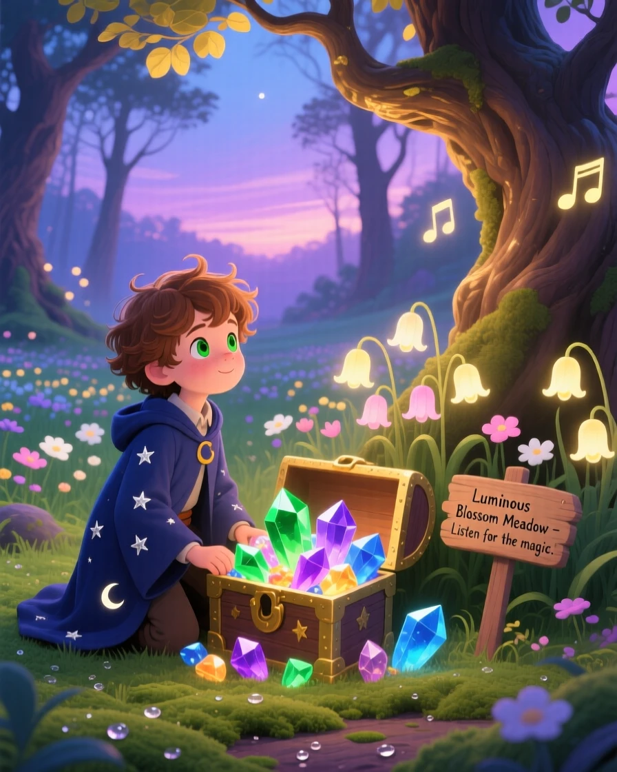 A young wizard apprentice pauses from guarding a treasure of glowing crystals to marvel at a field of luminous flowers, while gentle music seems to hum from the trees.
