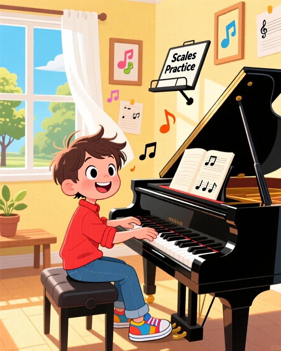 A young pianist practicing scales in a sunlit music room.