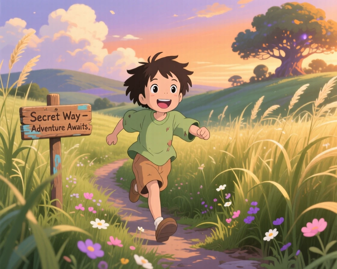 A child discovering a hidden path through tall grass, the moment full of laughter and energy.