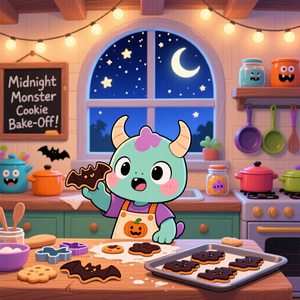 A tiny horned monster baking cookies shaped like bats, framed as a medium shot within a cheerful monster kitchen, under a starry midsummer night sky, glowing under glowing string lights, evoking gentle surprise.