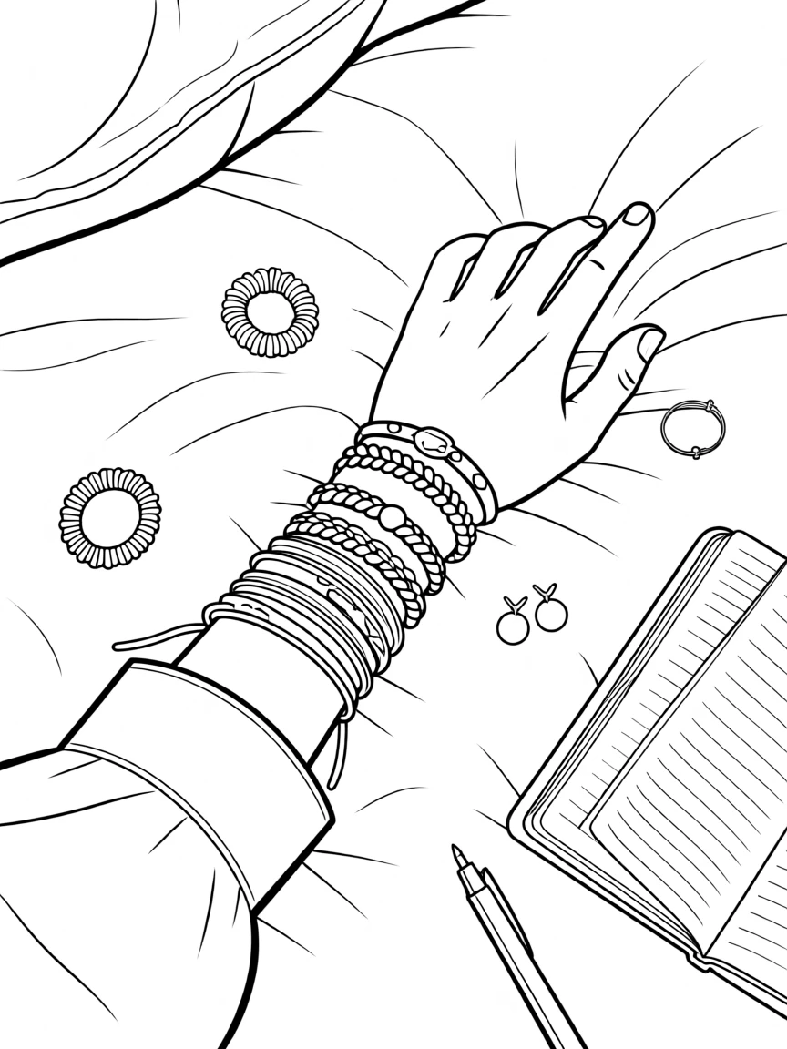 A set of layered friendship bracelets on an outstretched wrist, laid out on a bed surrounded by scattered accessories.
