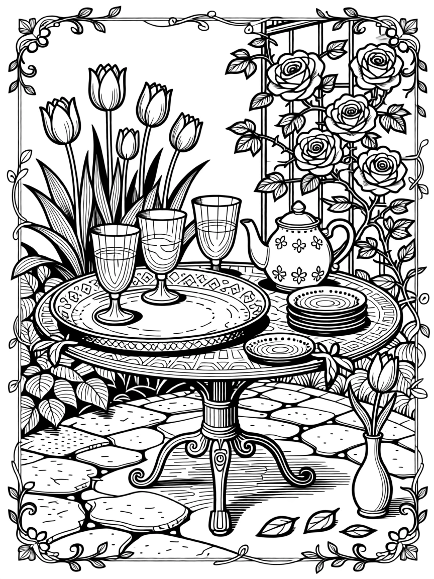A tea garden scene with tulip-shaped glasses and copper trays.