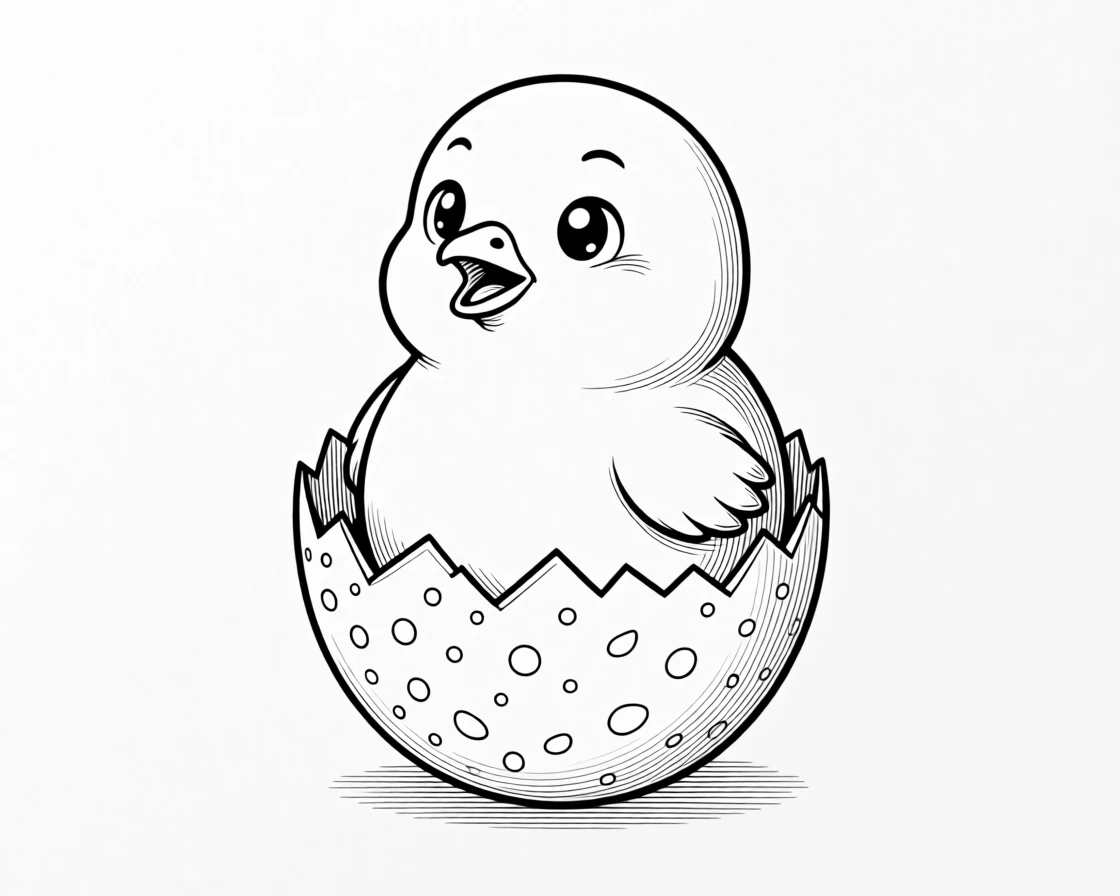 A round chick hatching from a speckled egg