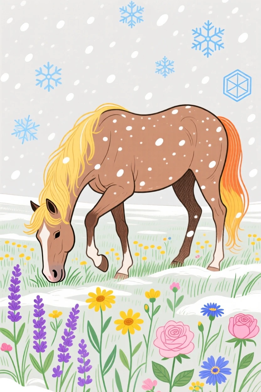 A grazing horse playing near a wildflower field during a light snowfall.