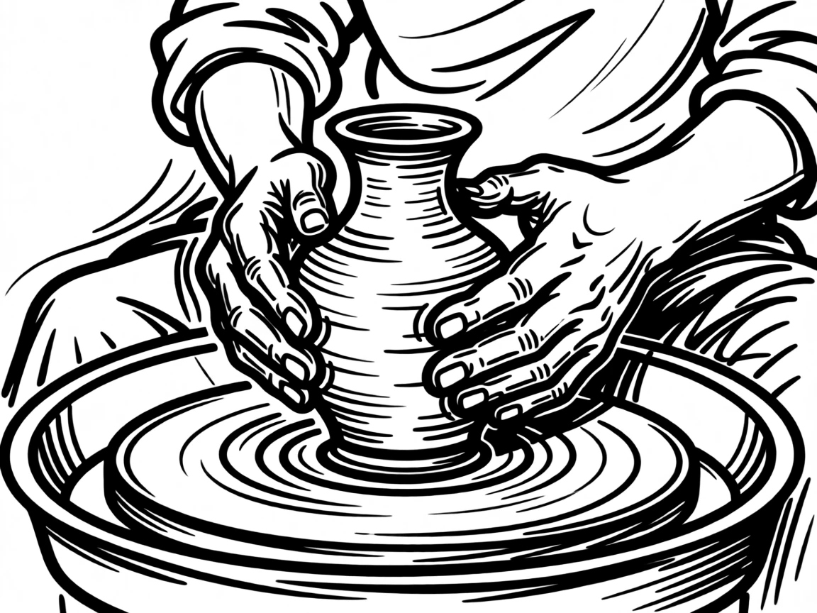 A potter shaping a vase on a spinning wheel, hands covered in clay.