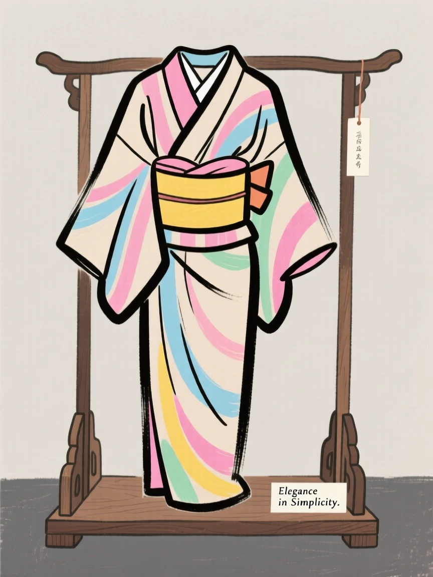 A colorful kimono displayed elegantly on a wooden stand.