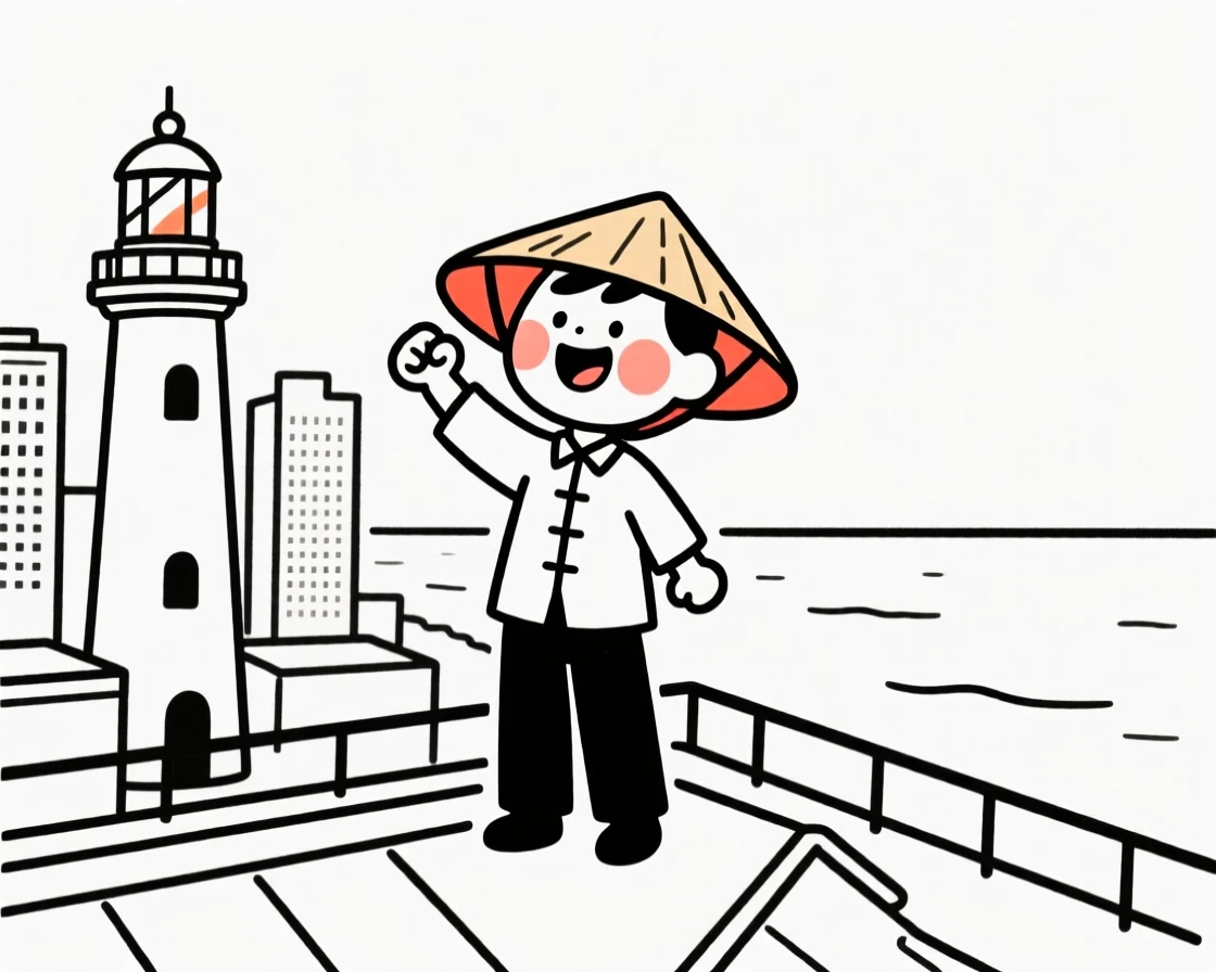 A lighthouse of vietnamese heritage keeper watching the sea, bursting with excitement, on a rooftop overlooking the city.