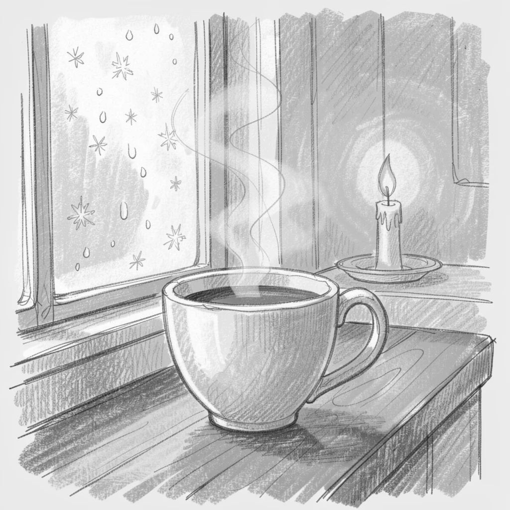 A hot cocoa mug beside a frosted window, in a cozy candlelit room, with warm golden light everywhere.