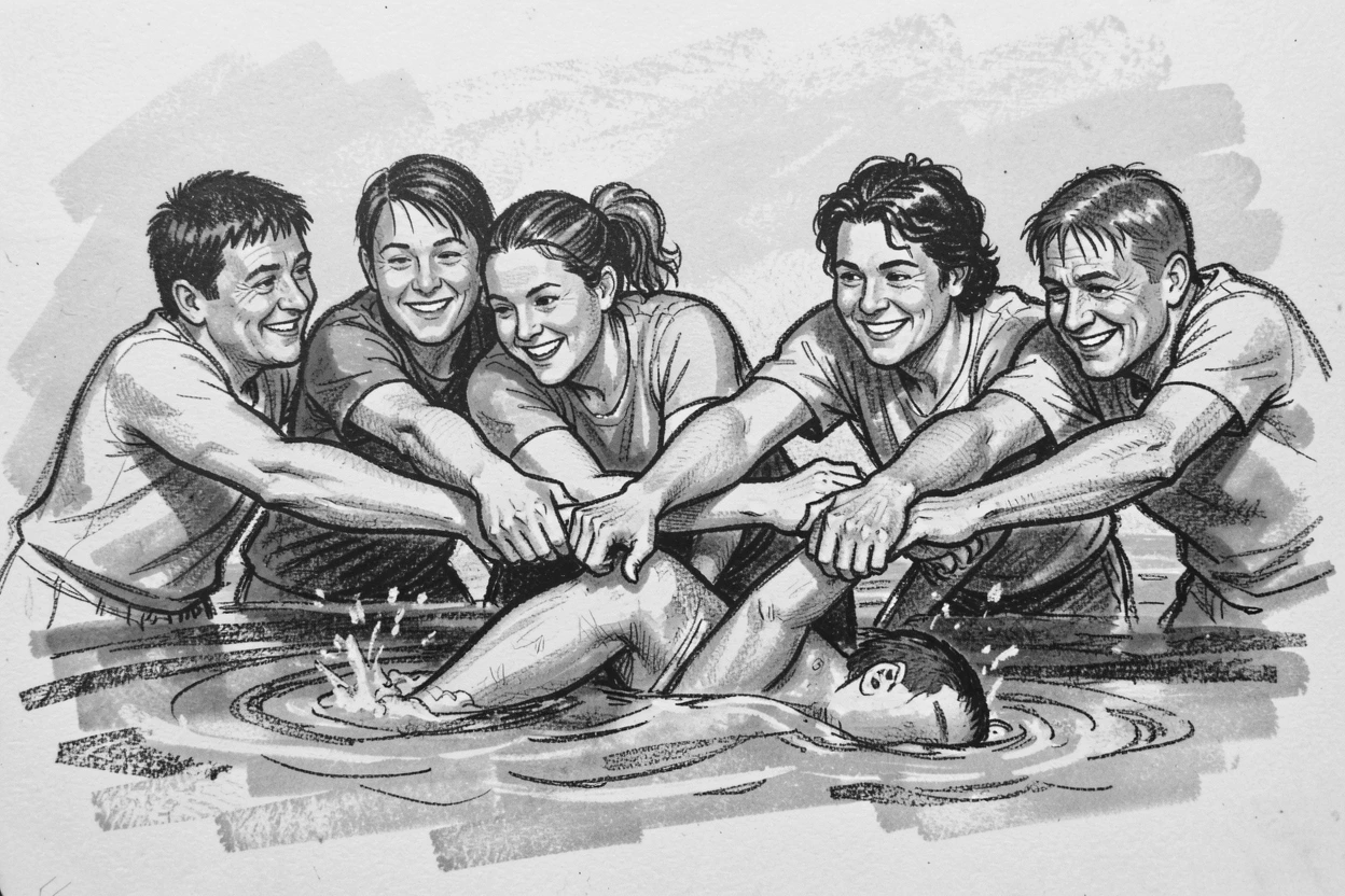A group of strangers forming a human chain to save a swimmer, with everyone smiling and full of warmth.
