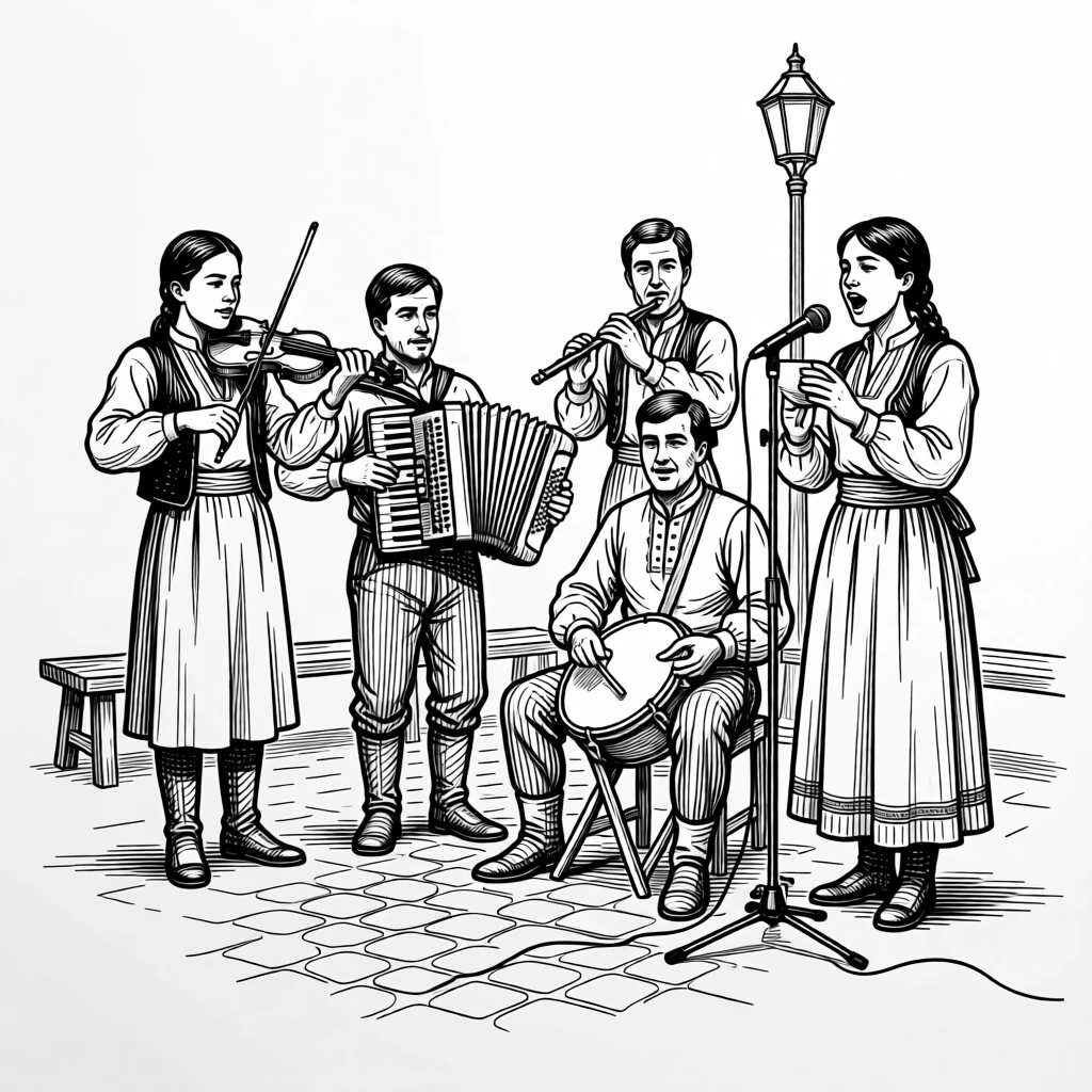 A group of musicians performing traditional folk songs in a village square.