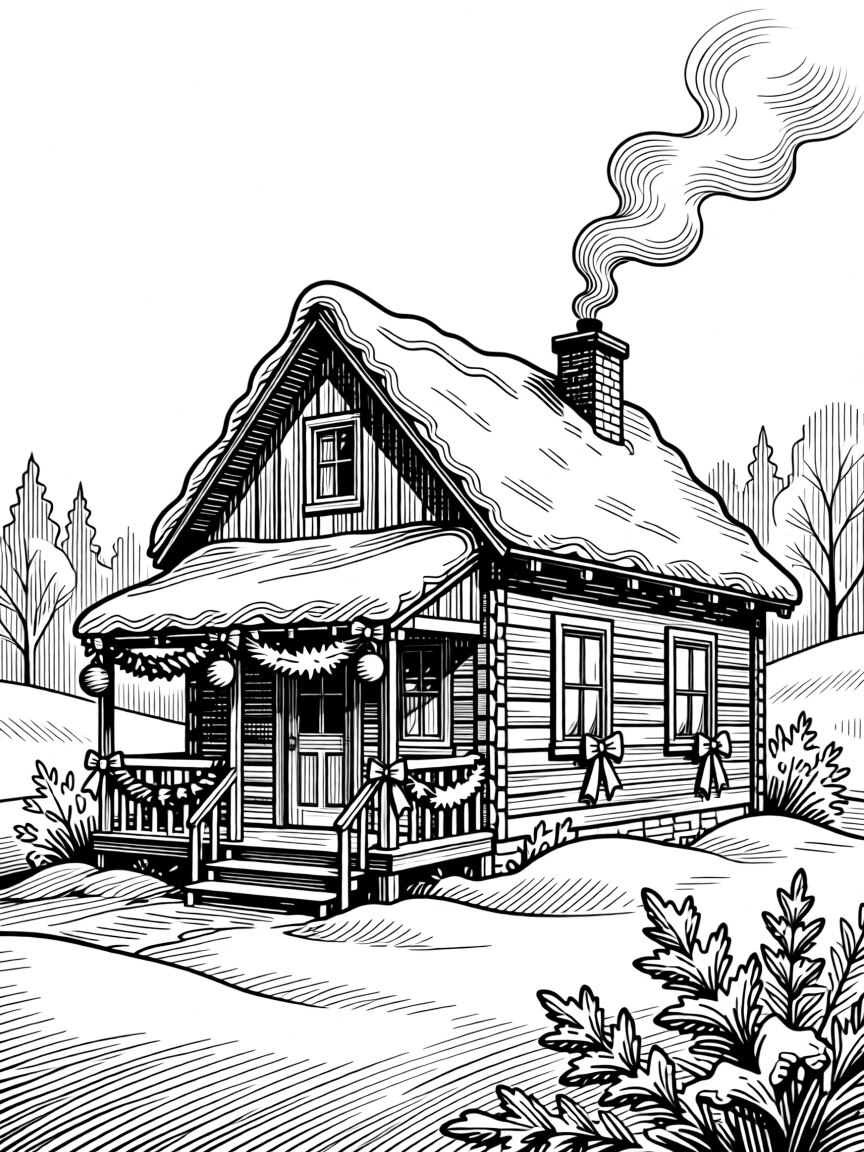 A snow-covered cabin with smoke rising from the chimney as morning frost coats the ground, with ribbons and ornaments catching the light, capturing a full of holiday spirit seasonal moment.