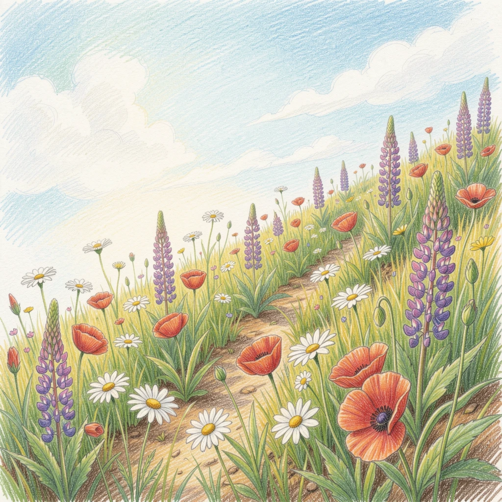 A wildflower hillside in full bloom beneath a summer sky, with rich, inviting textures throughout the scene, evoking warmth, beauty, and a lasting sense of wonder.