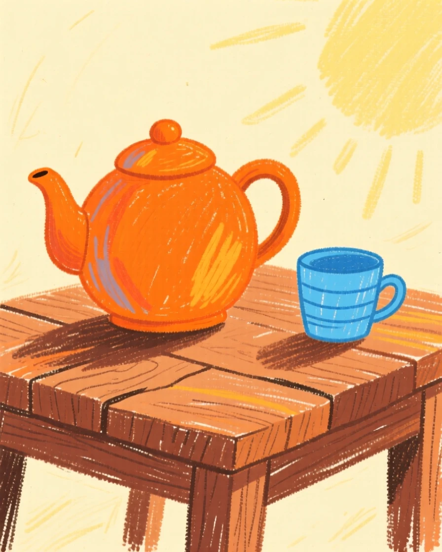A teapot and cup set resting on a rustic wooden table.