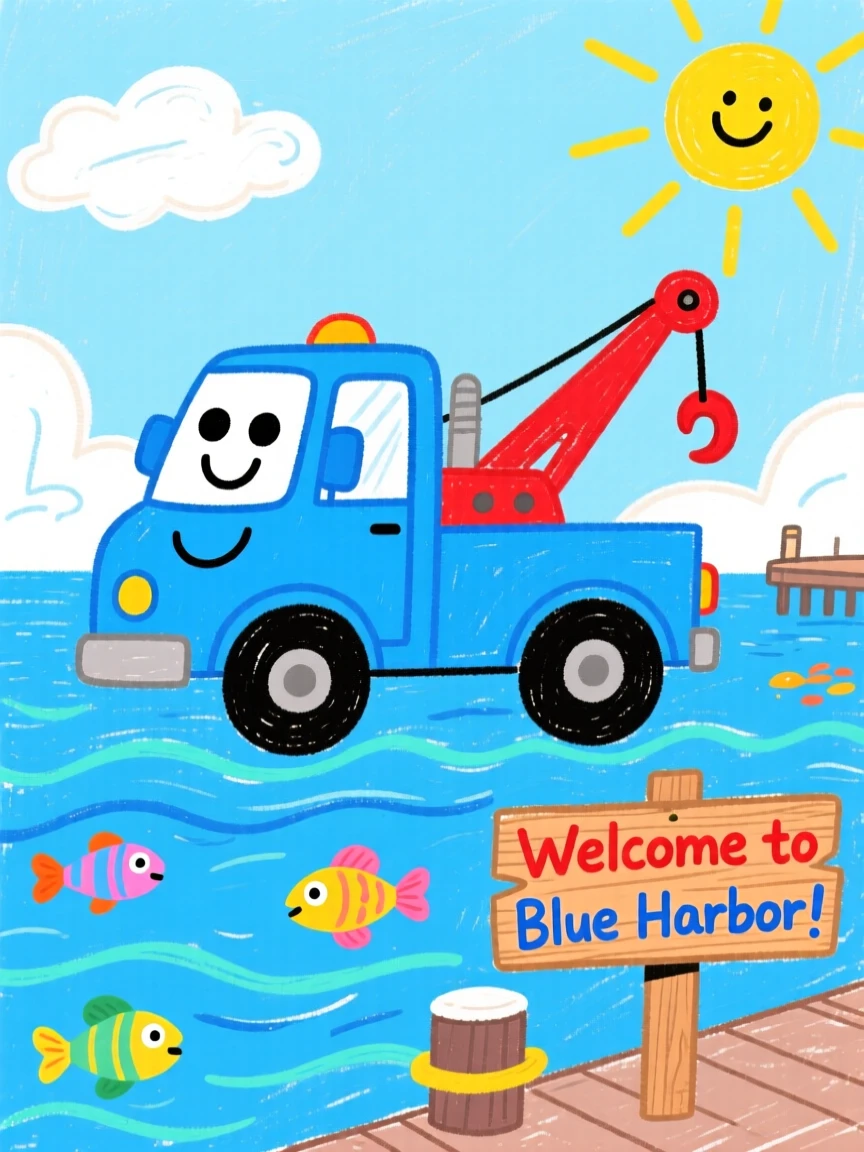 A bright blue tow truck sailing across a calm blue harbor.