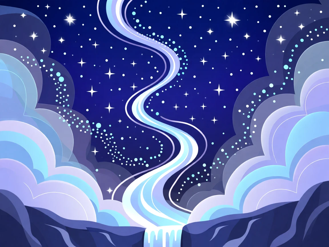A magical waterfall flowing upward into a starlit sky, surrounded by swirling clouds of shimmering stardust, composed with a dreamlike, ethereal atmosphere, with subtle magical particles drifting through the air.