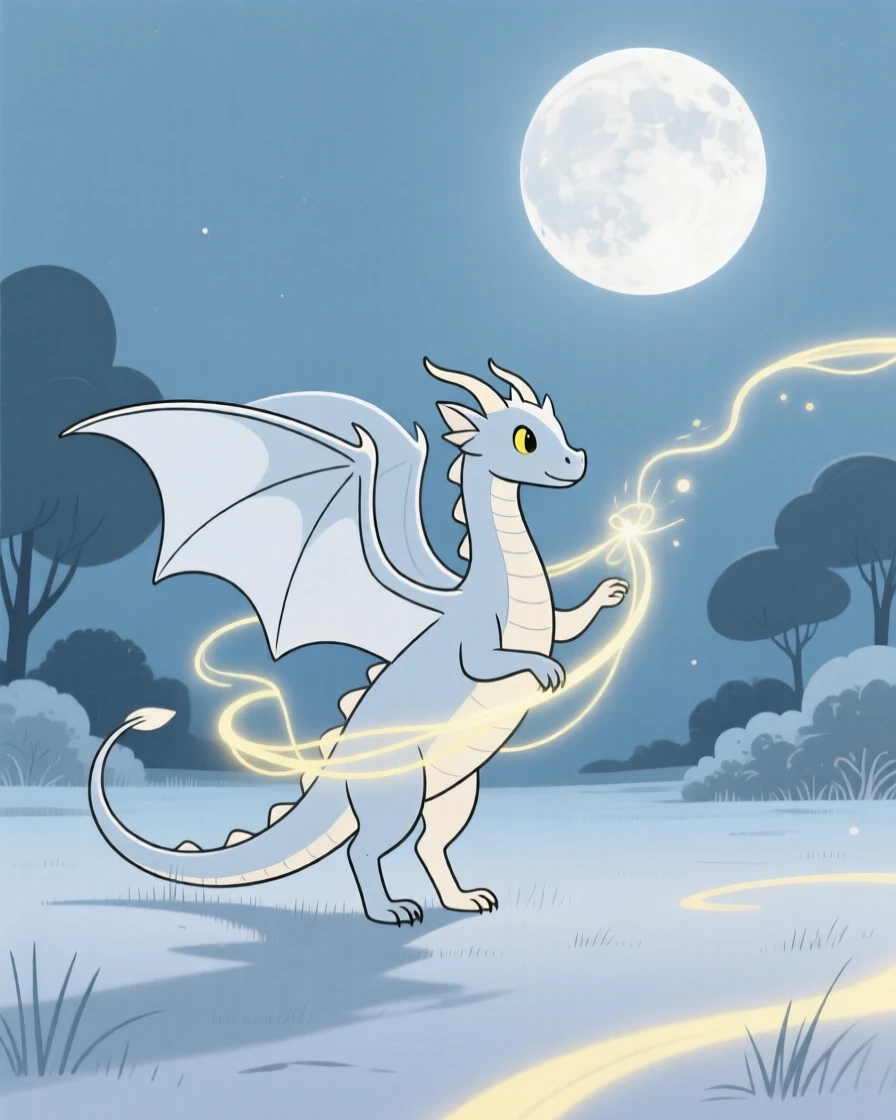 A young dragon weaving spells of light near a moonlit clearing.