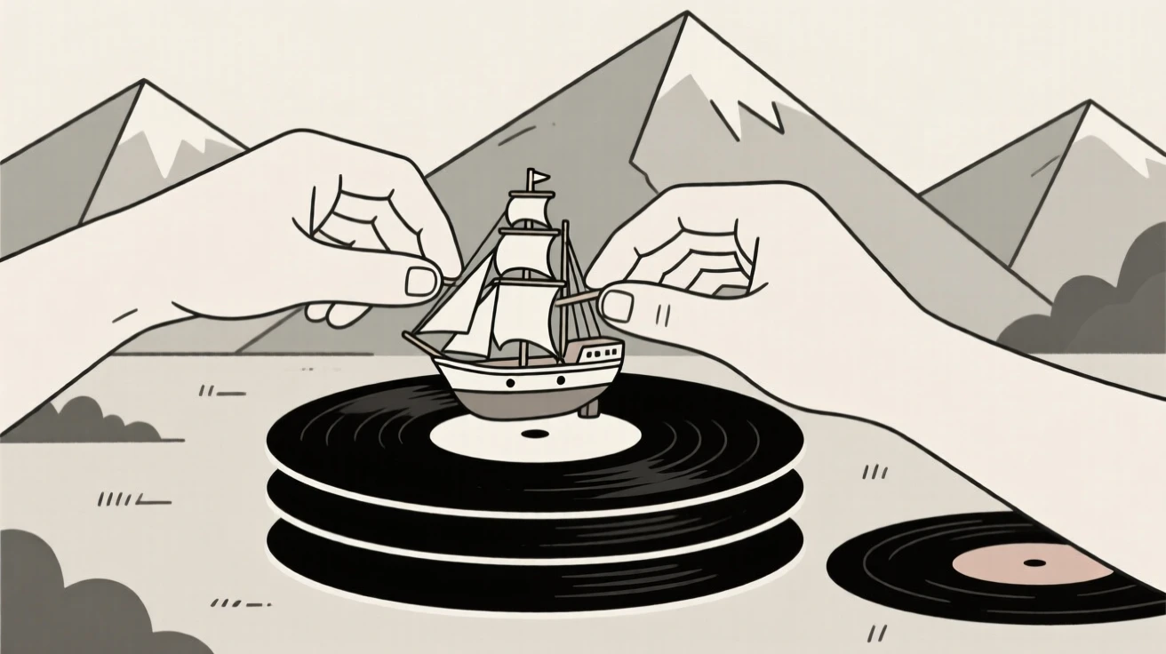 A close view of hands building a model ship near stacks of vinyl records in a mountain campsite, full of peaceful absorption.