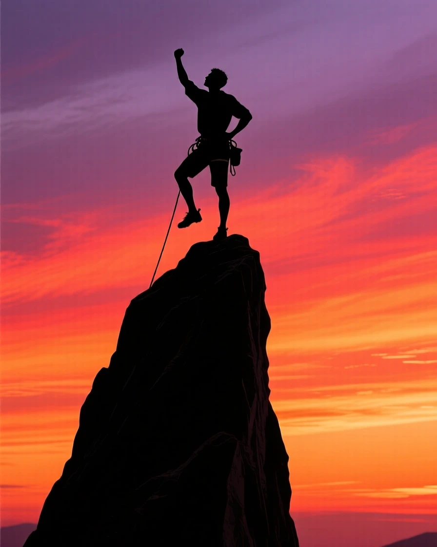 A lone climber silhouetted against the sky at the top of a rock spire.