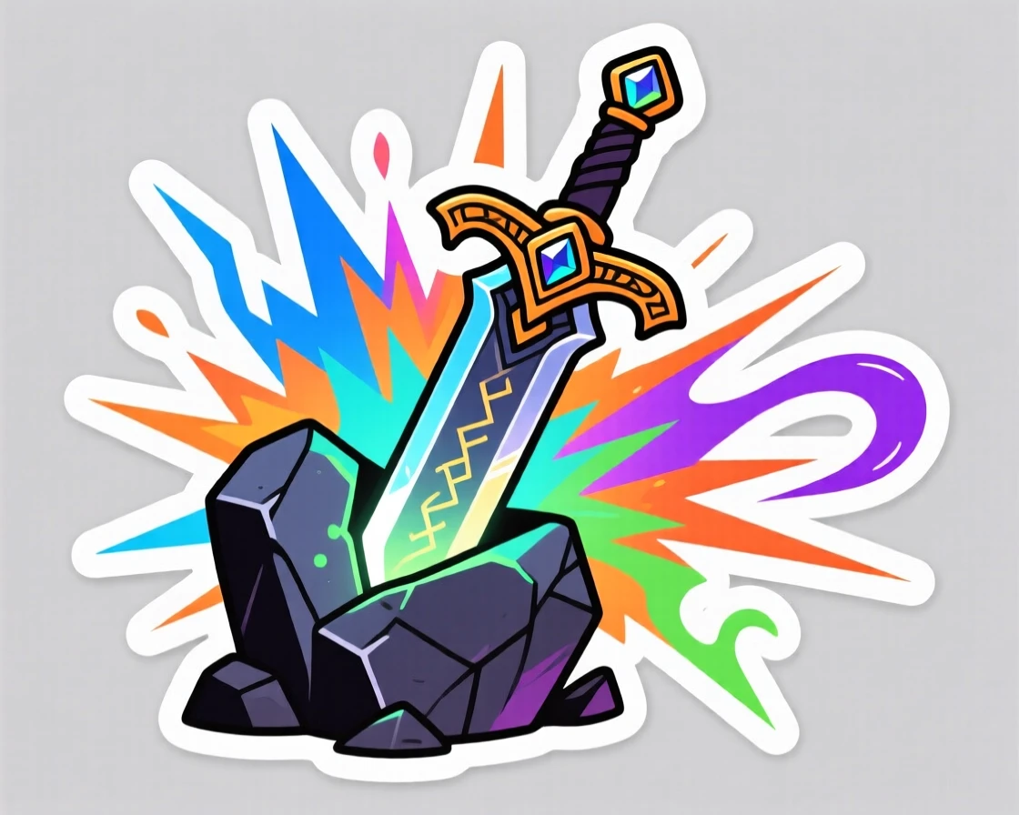A wildly imaginative legendary sword stuck in a glowing stone, framed by a burst of colorful energy, as part of a fun original story.