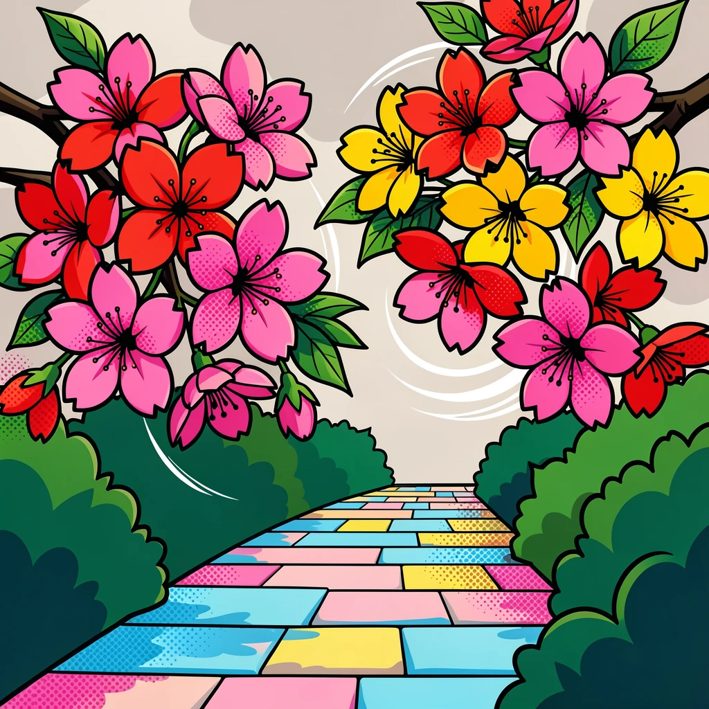 A cluster of cherry blossoms framing a quiet garden path