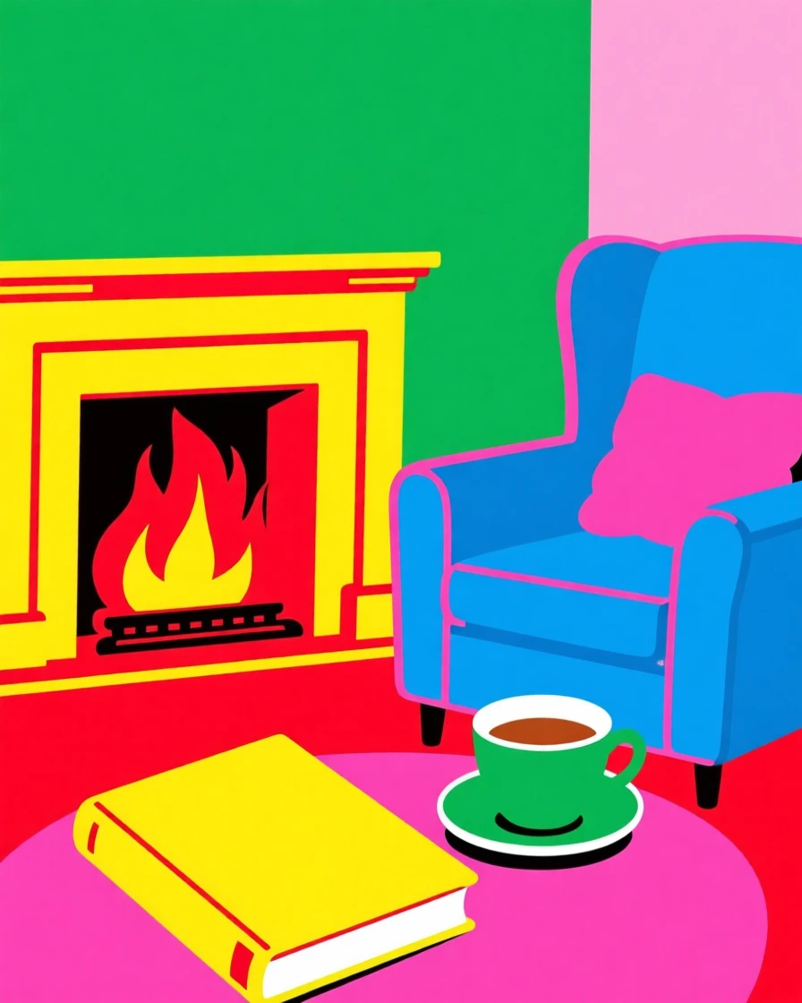 Cozy fireplace reading corner with a cup of tea