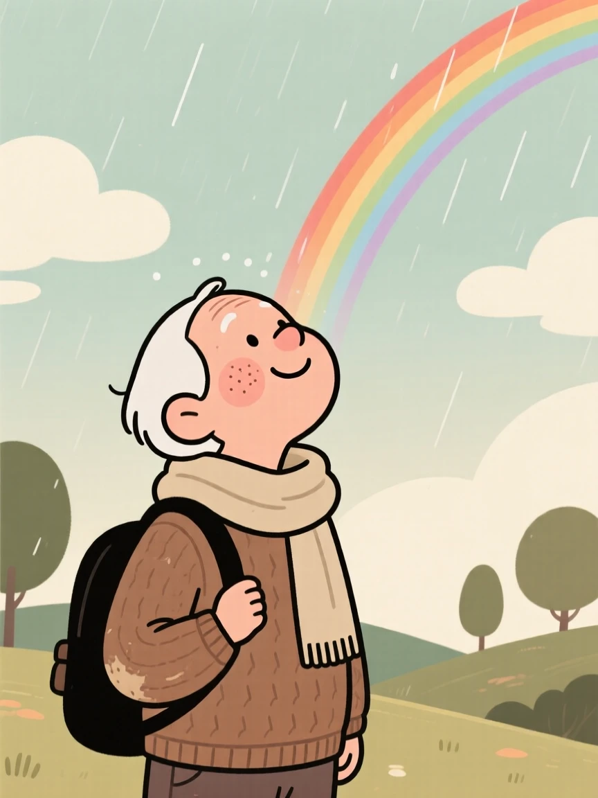 A elderly traveler looks up in quiet wonder at a rainbow after the rain, a soft smile spreading across their face as a feeling of gratitude settles over the scene.