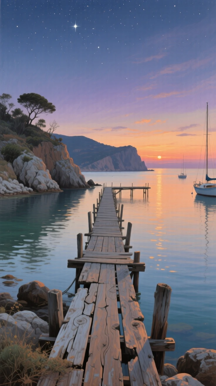A balanced composition of a weathered pier stretching out into a calm harbor at sunset, under the night sky, on the coast of Provence.