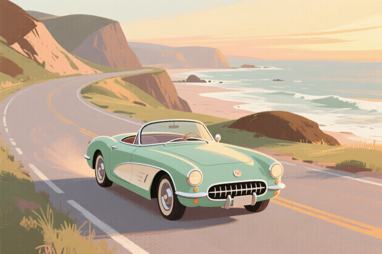 A classic roadster driving along a coastal highway at dusk