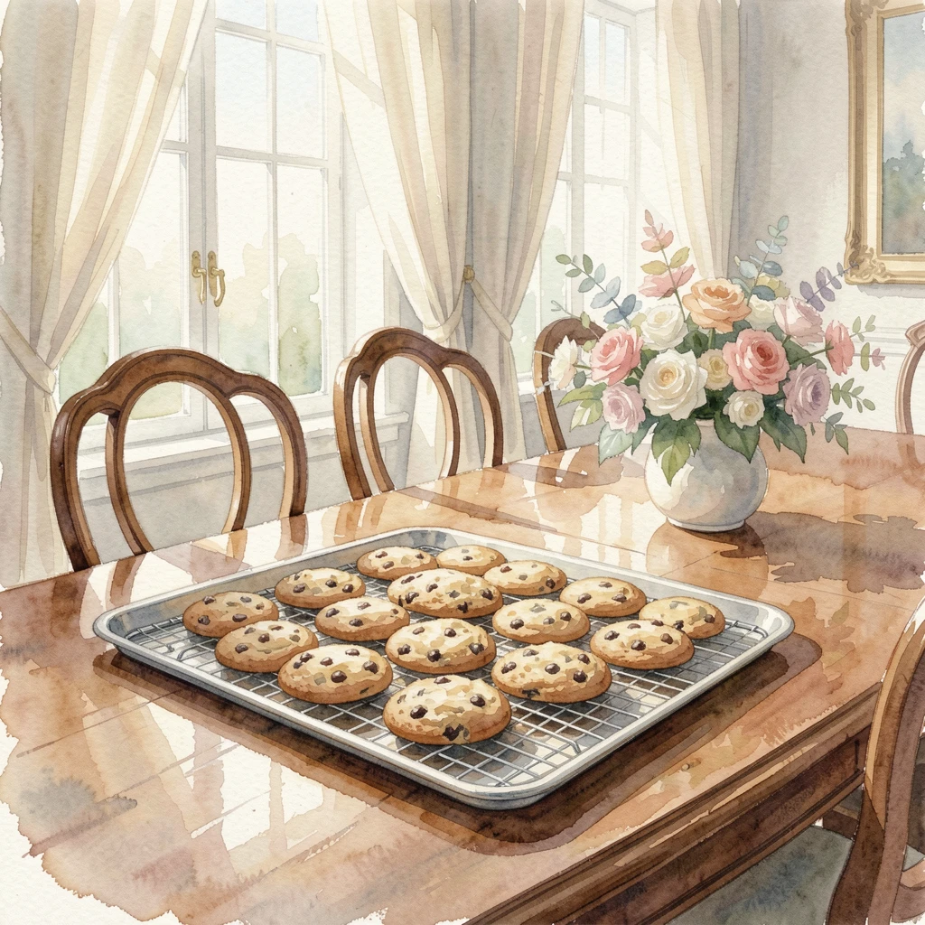 A tray of freshly baked cookies cooling on a rack in an elegant dining room setting.