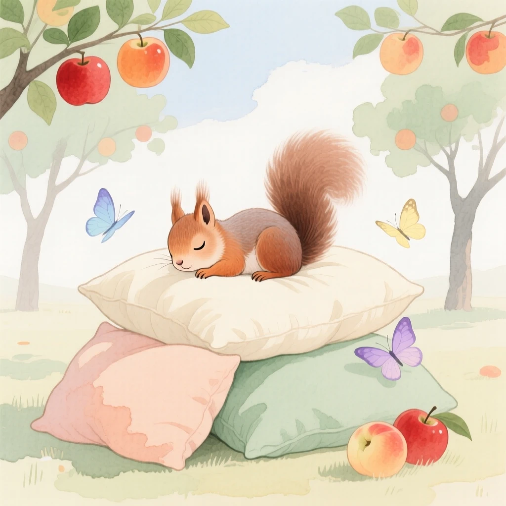 A baby squirrel rests atop a pile of pillows in an orchard heavy with fruit, as butterflies drift nearby