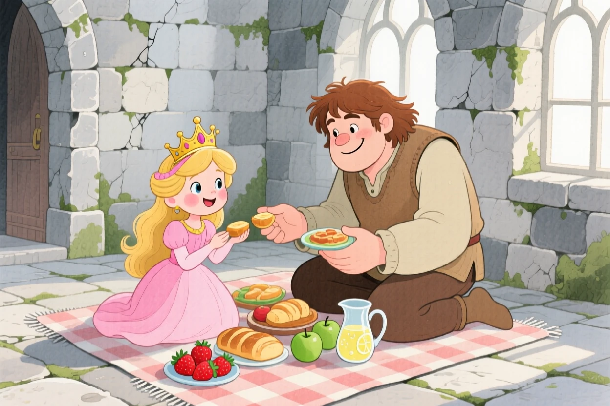 A little princess with a golden crown sharing a picnic with a kind-hearted giant inside an ancient stone castle.