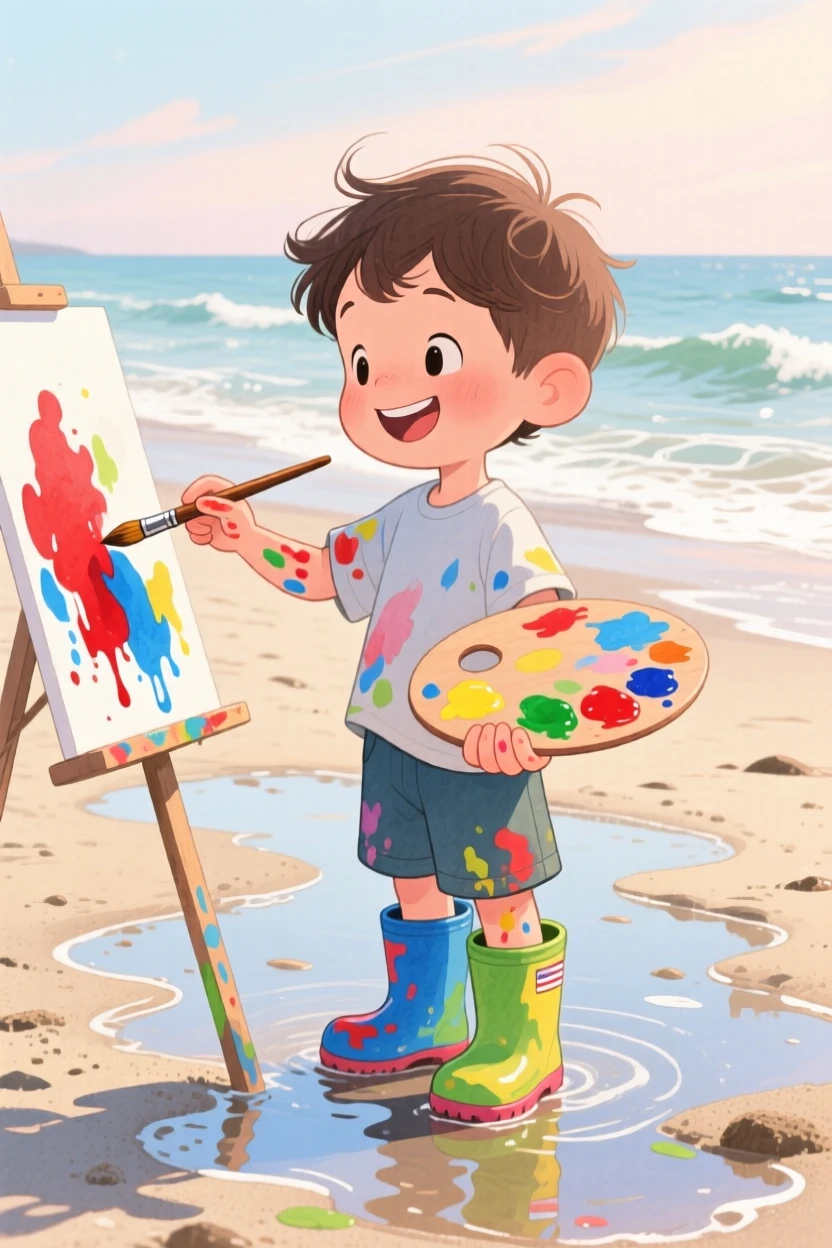 A boy in rain boots painting with watercolors, hands covered in bright pigment, in a beach at low tide with gentle waves, radiating sweetness and gentle curiosity.