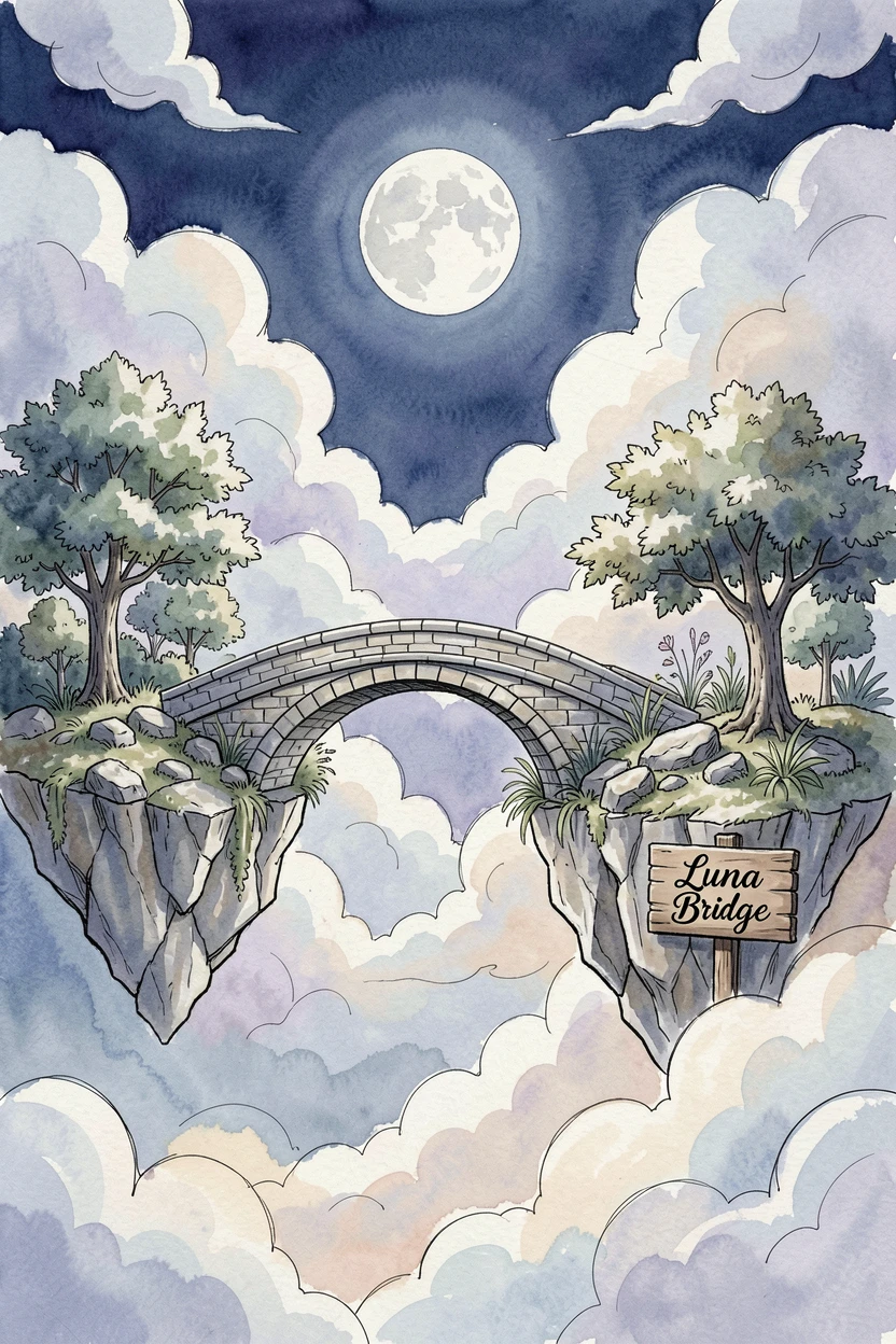 A moonlit bridge arching between two floating islands in the clouds, an air of wonder and quiet mystery throughout.