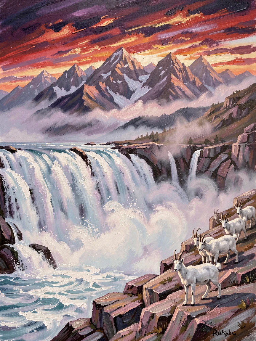 Beside a thundering waterfall fed by melting snow, a chain of mist-wrapped summits, a herd of mountain goats picking their way across the rocky slope, during a fiery sunset that turns the peaks crimson and violet.