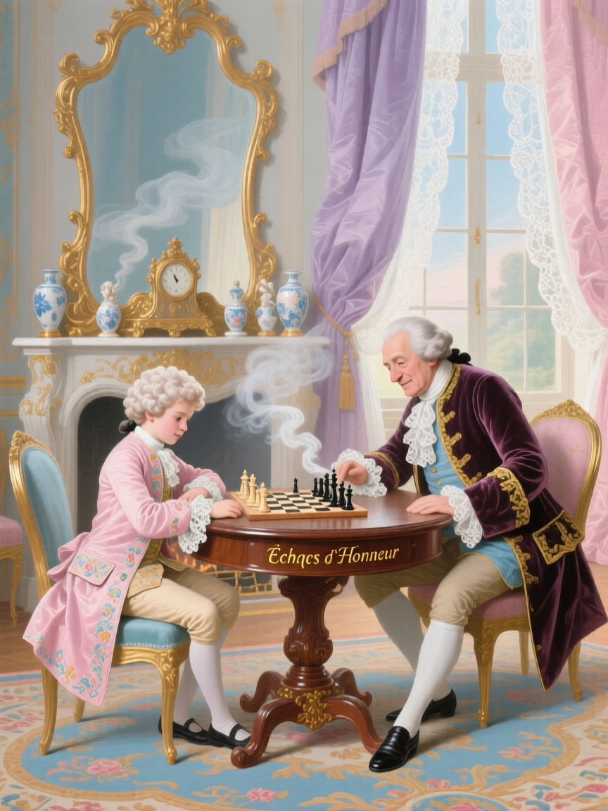 A prince playing chess with his grandfather beside a fireplace  