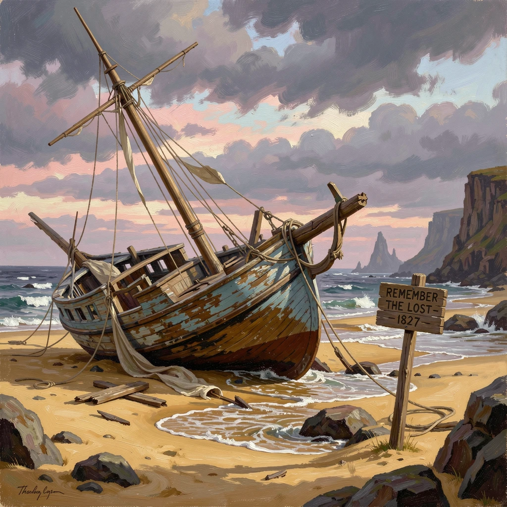 A shipwreck lies half-buried in the sand of a deserted beach.