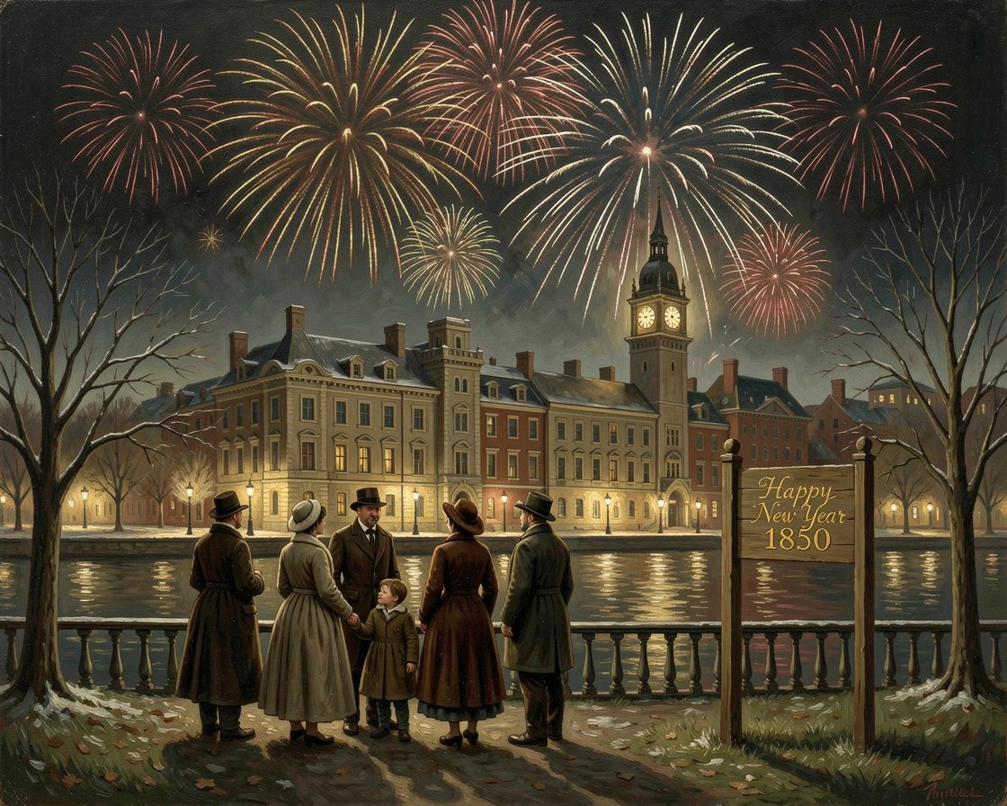 A New Year's Eve fireworks display lighting up a city skyline at midnight, with warm, inviting light glowing throughout the scene, celebrating the beauty and traditions of the time of year