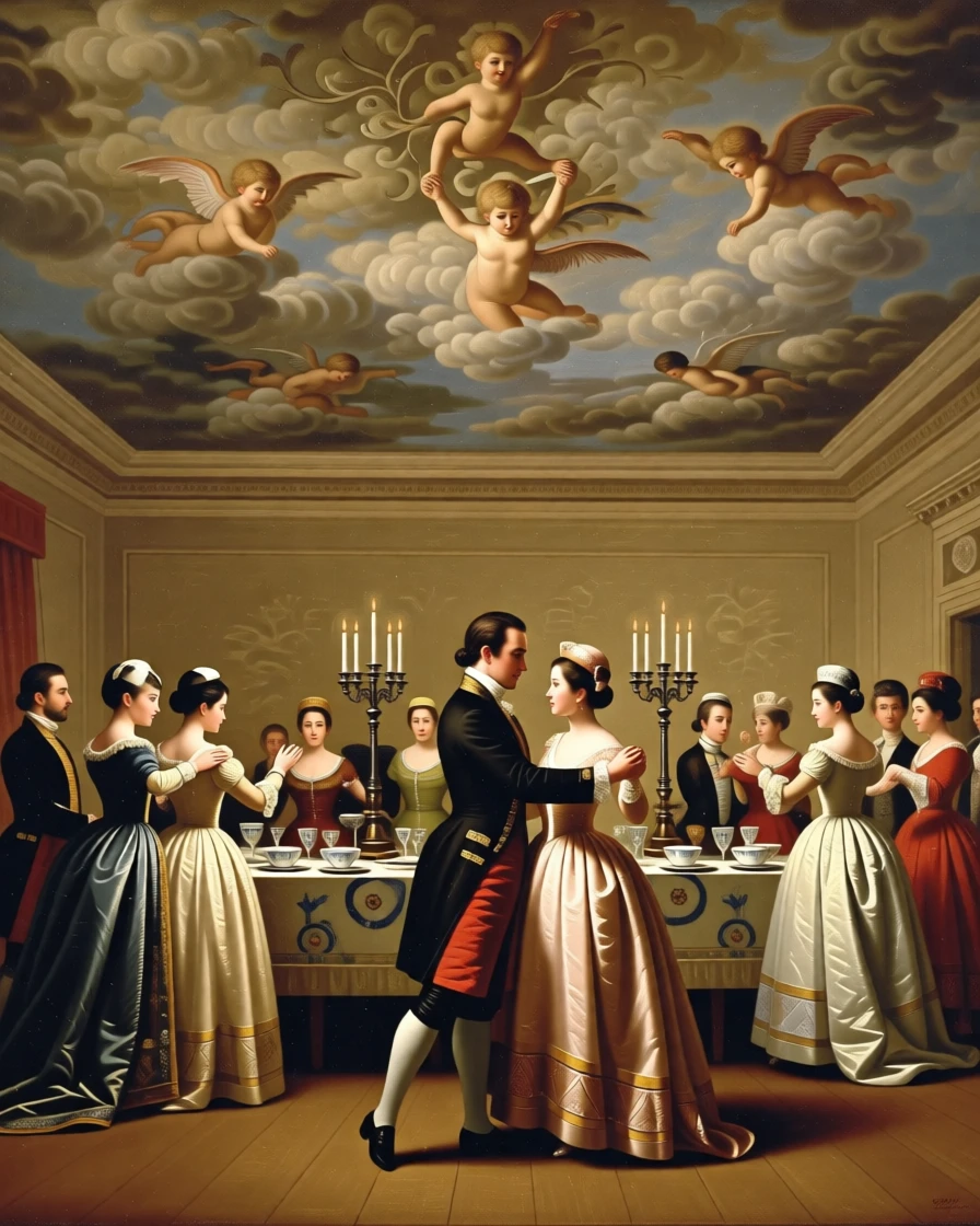 Noble guests dancing a waltz beneath crystal chandeliers during a rare and cherished family gathering, set beneath a painted ceiling depicting cherubs and clouds, with fine china, crystal goblets, and candelabras adorning the table; the composition arranges figures in a graceful arc around the focal couple, evoking refinement, tradition, and quiet opulence.