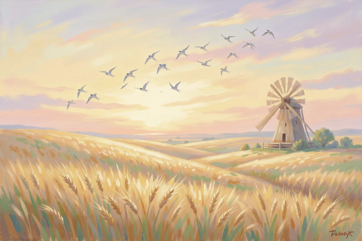 Rolling wheat fields under a wide golden sky, a single windmill standing at the edge, swallows dipping low over the grain, as the first light of dawn breaks, evoking a sense of peace and quiet wonder.