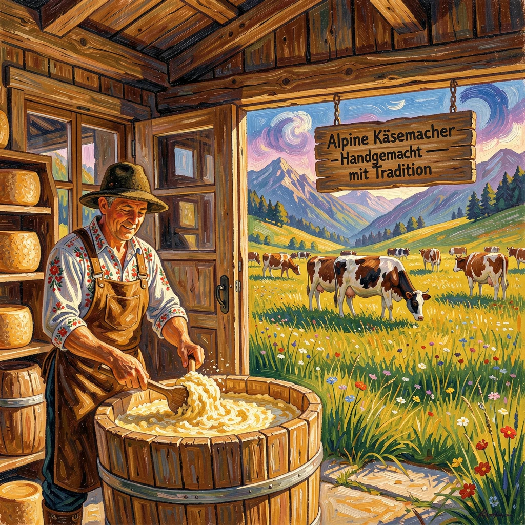 Traditional Alpine cheesemakers working in a mountain hut surrounded by grazing cows.